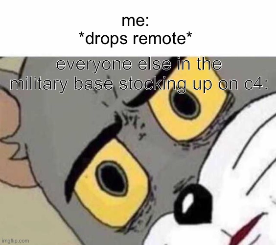 oopsy daisy... BOOM! | me:
*drops remote*; everyone else in the military base stocking up on c4: | image tagged in tom cat unsettled close up,boomer,help,good job,cha cha real smooth | made w/ Imgflip meme maker