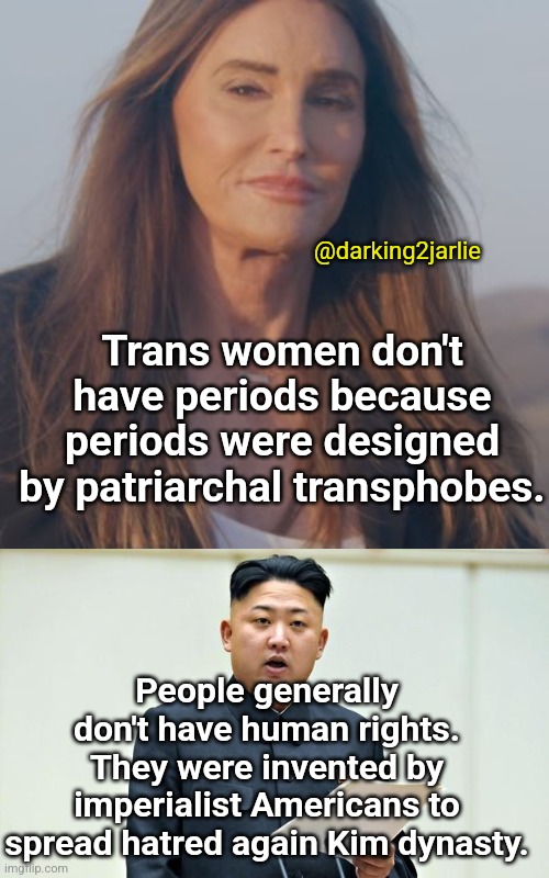 God so much hatred in this world | @darking2jarlie; Trans women don't have periods because periods were designed
by patriarchal transphobes. People generally don't have human rights. They were invented by imperialist Americans to spread hatred again Kim dynasty. | image tagged in north korea,kim jong un,transphobic,transgender,gender identity,america | made w/ Imgflip meme maker