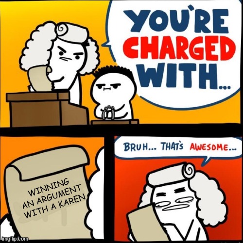 you are charged with... Bruh... thats awesome... | WINNING AN ARGUMENT WITH A KAREN | image tagged in you are charged with bruh thats awesome | made w/ Imgflip meme maker