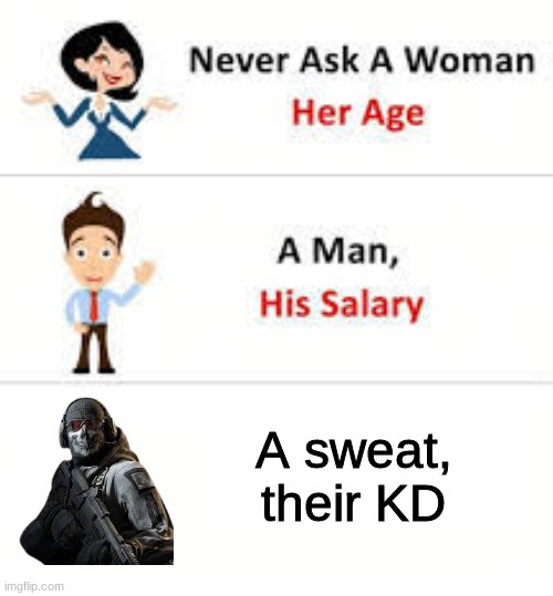 Never ask a woman her age | A sweat, their KD | image tagged in never ask a woman her age | made w/ Imgflip meme maker