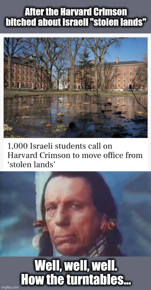 Well, well, well.  How the turntables... | After the Harvard Crimson
bitched about Israeli "stolen lands"; Well, well, well.
How the turntables... | image tagged in crying indian polution,well well well how the turn tables,harvard crimson,libs,stolen lands,israel | made w/ Imgflip meme maker