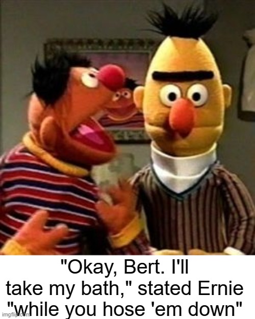 Ernie and Bert | "Okay, Bert. I'll take my bath," stated Ernie "while you hose 'em down" | image tagged in ernie and bert | made w/ Imgflip meme maker