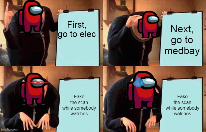 Imposter's plan | First, go to elec; Next, go to medbay; Fake the scan while somebody watches; Fake the scan while somebody watches | image tagged in memes,gru's plan | made w/ Imgflip meme maker