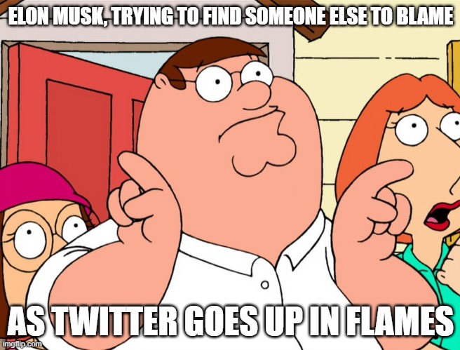 ELON MUSK, TRYING TO FIND SOMEONE ELSE TO BLAME; AS TWITTER GOES UP IN FLAMES | image tagged in twitter,elon musk | made w/ Imgflip meme maker