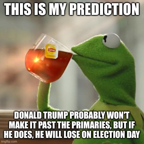 But That's None Of My Business | THIS IS MY PREDICTION; DONALD TRUMP PROBABLY WON'T MAKE IT PAST THE PRIMARIES, BUT IF HE DOES, HE WILL LOSE ON ELECTION DAY | image tagged in memes,but that's none of my business,kermit the frog | made w/ Imgflip meme maker