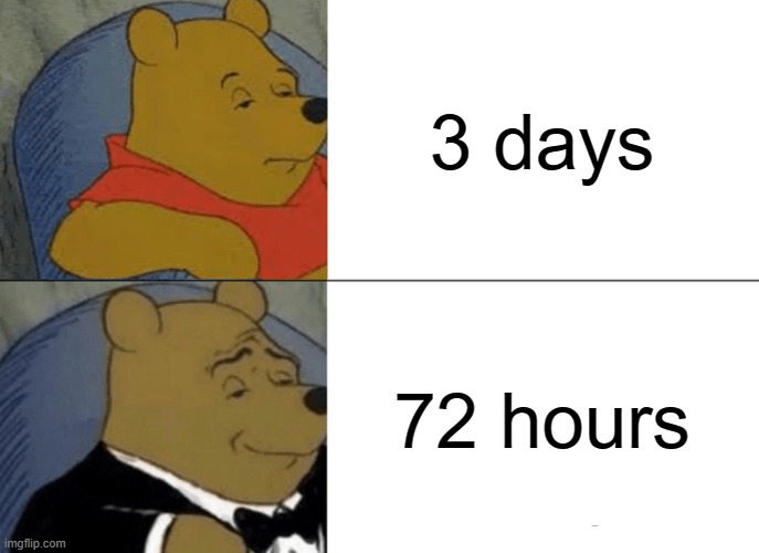 3 days |  3 days; 72 hours | image tagged in memes,tuxedo winnie the pooh,time | made w/ Imgflip meme maker