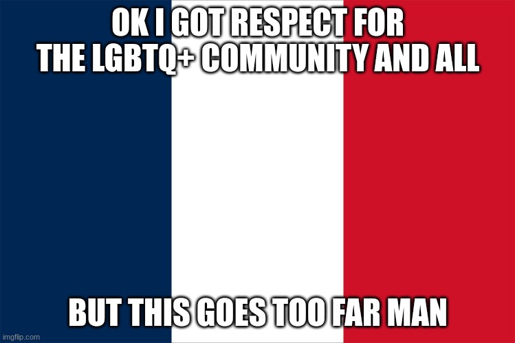 Flag of france | OK I GOT RESPECT FOR THE LGBTQ+ COMMUNITY AND ALL; BUT THIS GOES TOO FAR MAN | image tagged in flag of france | made w/ Imgflip meme maker