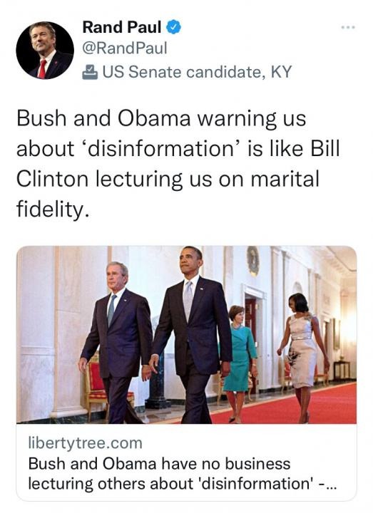 Rand Paul tweet on Bush & Obama | image tagged in rand paul,george bush,barack obama,disinformation gurus,liberal hypocrisy,conservative hypocrisy | made w/ Imgflip meme maker