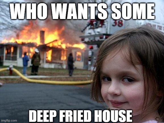 looks yummy | WHO WANTS SOME; DEEP FRIED HOUSE | image tagged in memes,disaster girl | made w/ Imgflip meme maker