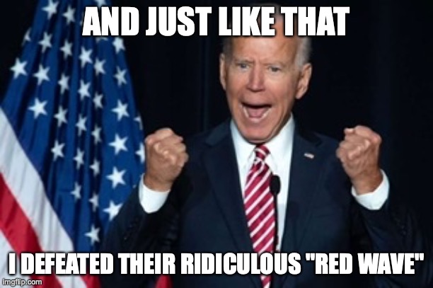 Bidden defeats the red wave | AND JUST LIKE THAT; I DEFEATED THEIR RIDICULOUS "RED WAVE" | image tagged in bidden,red wave,democrat,republican | made w/ Imgflip meme maker