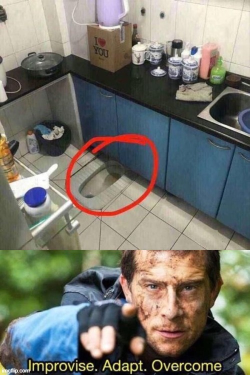 wife washes dishes, but you squatting your wishes there | image tagged in improvise adapt overcome | made w/ Imgflip meme maker