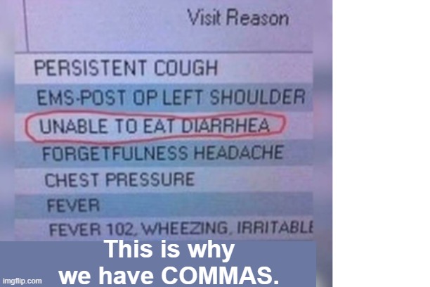 This is why we have COMMAS | This is why we have COMMAS. | image tagged in commas,grammar,medical,diarrhea,funny,memes | made w/ Imgflip meme maker