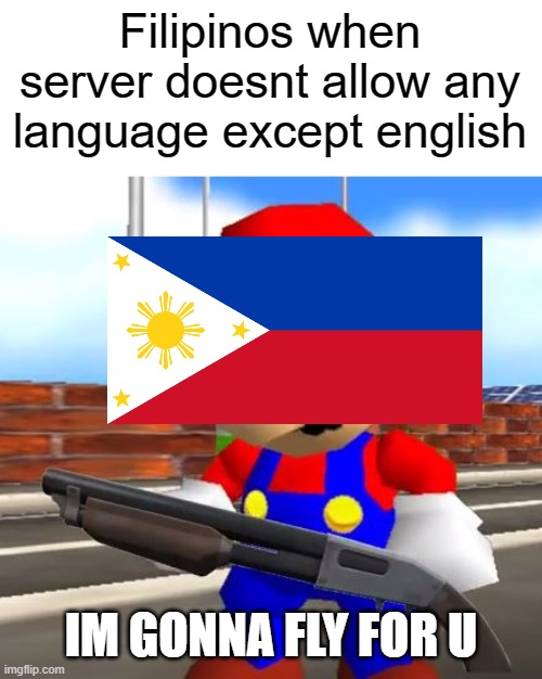 filipino real |  Filipinos when server doesnt allow any language except english; IM GONNA FLY FOR U | image tagged in smg4 shotgun mario,philippines,raid | made w/ Imgflip meme maker