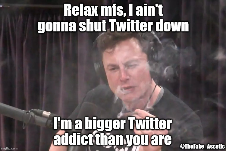 Twitter Shutdown | Relax mfs, I ain't gonna shut Twitter down; I'm a bigger Twitter addict than you are; @TheFake_Ascetic | image tagged in elon musk pot | made w/ Imgflip meme maker