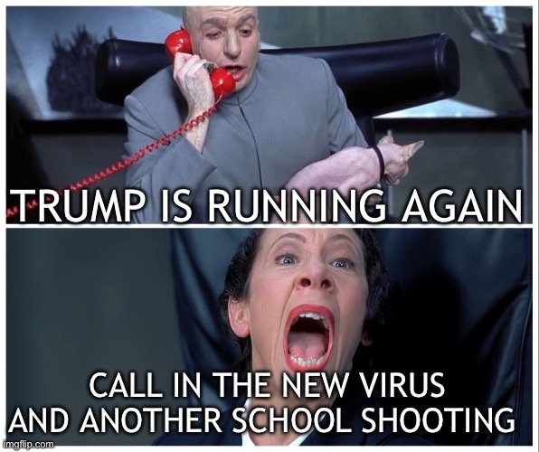 Election times are so telling | TRUMP IS RUNNING AGAIN; CALL IN THE NEW VIRUS AND ANOTHER SCHOOL SHOOTING | image tagged in dr evil and frau yelling,democrats,libtards | made w/ Imgflip meme maker