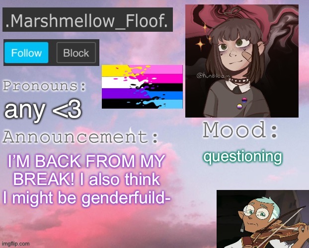 ye- because I feel enby one day, male the next, and female the day after | any <3; questioning; I’M BACK FROM MY BREAK! I also think I might be genderfuild- | image tagged in floof s temp | made w/ Imgflip meme maker
