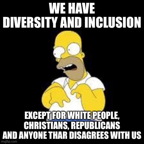 Hypocrisy at its finest | WE HAVE DIVERSITY AND INCLUSION; EXCEPT FOR WHITE PEOPLE, CHRISTIANS, REPUBLICANS AND ANYONE THAR DISAGREES WITH US | image tagged in look marge,libtards,bigots | made w/ Imgflip meme maker