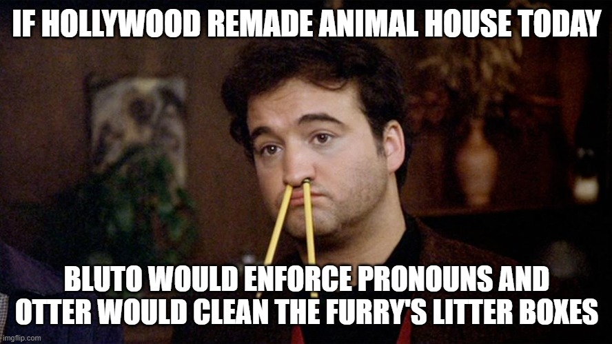 Hollywood has changed | IF HOLLYWOOD REMADE ANIMAL HOUSE TODAY; BLUTO WOULD ENFORCE PRONOUNS AND OTTER WOULD CLEAN THE FURRY'S LITTER BOXES | image tagged in animal house | made w/ Imgflip meme maker