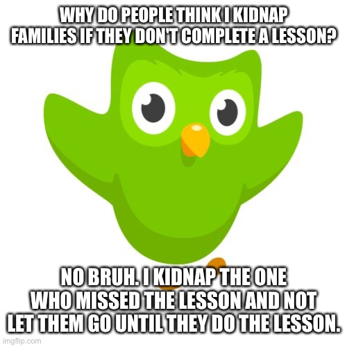 The Duolingo bird | WHY DO PEOPLE THINK I KIDNAP FAMILIES IF THEY DON'T COMPLETE A LESSON? NO BRUH. I KIDNAP THE ONE WHO MISSED THE LESSON AND NOT LET THEM GO UNTIL THEY DO THE LESSON. | image tagged in things duolingo teaches you,duolingo,duolingo bird | made w/ Imgflip meme maker