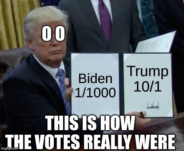 How the votes really were | O O; Biden
1/1000; Trump
10/1; THIS IS HOW THE VOTES REALLY WERE | image tagged in memes,trump bill signing | made w/ Imgflip meme maker