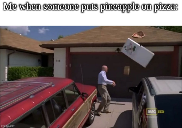 pineapple on pizza is an abomination | Me when someone puts pineapple on pizza: | image tagged in breaking bad pizza | made w/ Imgflip meme maker