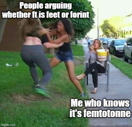 Girl fight | People arguing whether ft is feet or forint; Me who knows it's femtotonne | image tagged in girl fight | made w/ Imgflip meme maker