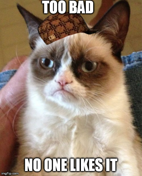 TOO BAD  NO ONE LIKES IT | image tagged in memes,grumpy cat,scumbag | made w/ Imgflip meme maker