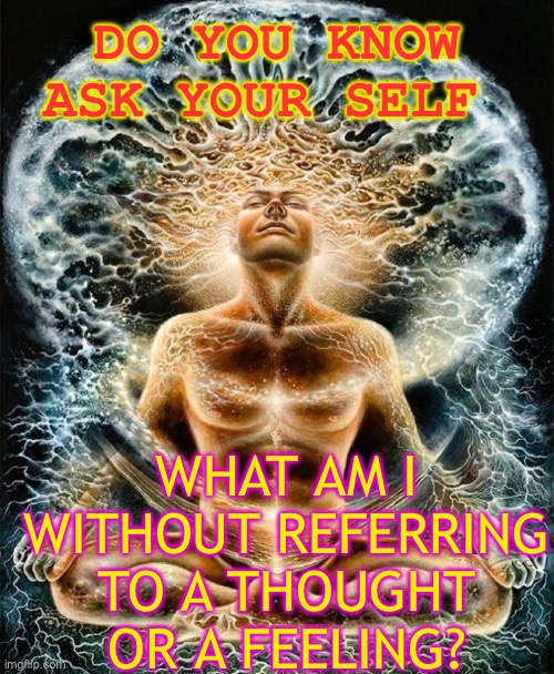 What or who are you without thought? | DO YOU KNOW
ASK YOUR SELF; WHAT AM I WITHOUT REFERRING TO A THOUGHT OR A FEELING? | image tagged in consciousness,blow my mind | made w/ Imgflip meme maker