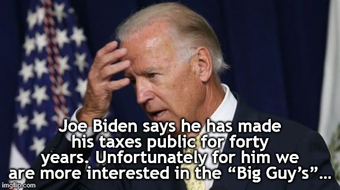 Joe Biden-Big Guy | Joe Biden says he has made his taxes public for forty years. Unfortunately for him we are more interested in the “Big Guy’s”… | image tagged in joe biden worries,big guy,tax evasion,qui pro quo,burisma | made w/ Imgflip meme maker