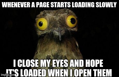 Weird Stuff I Do Potoo Meme | WHENEVER A PAGE STARTS LOADING SLOWLY I CLOSE MY EYES AND HOPE IT'S LOADED WHEN I OPEN THEM | image tagged in memes,weird stuff i do potoo,AdviceAnimals | made w/ Imgflip meme maker
