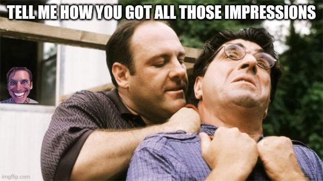 Tell me | TELL ME HOW YOU GOT ALL THOSE IMPRESSIONS | image tagged in fed up tony soprano | made w/ Imgflip meme maker