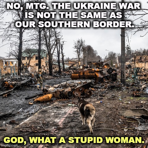 NO, MTG. THE UKRAINE WAR 
IS NOT THE SAME AS 
OUR SOUTHERN BORDER. GOD, WHAT A STUPID WOMAN. | image tagged in ukraine,war,massacre,mtg,loud,idiot | made w/ Imgflip meme maker