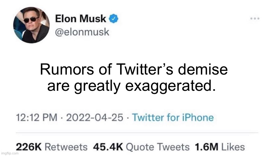 Twitter demise | Rumors of Twitter’s demise are greatly exaggerated. | image tagged in elon musk buying twitter | made w/ Imgflip meme maker