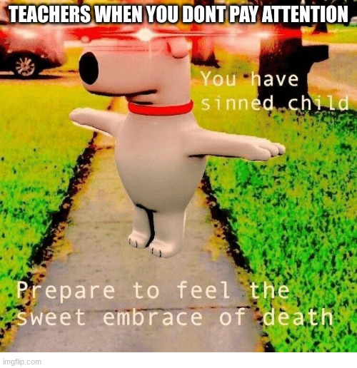 You have sinned child prepare to feel the sweet embrace of death | TEACHERS WHEN YOU DONT PAY ATTENTION | image tagged in you have sinned child prepare to feel the sweet embrace of death,who reads these,if you read these upvote | made w/ Imgflip meme maker