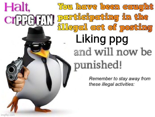 halt criminal! | PPG FAN Liking ppg | image tagged in halt criminal | made w/ Imgflip meme maker