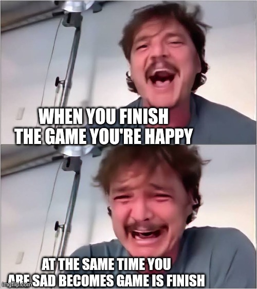 Pedro Pascal | WHEN YOU FINISH THE GAME YOU'RE HAPPY; AT THE SAME TIME YOU ARE SAD BECOMES GAME IS FINISH | image tagged in pedro pascal | made w/ Imgflip meme maker