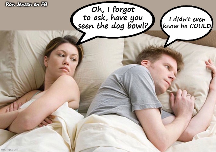 Dog Bowls? | Ron Jensen on FB; I didn't even know he COULD. Oh, I forgot to ask, have you seen the dog bowl? | image tagged in dog,dogs,dog memes,funny dog memes,intelligent dog,laughing dog | made w/ Imgflip meme maker