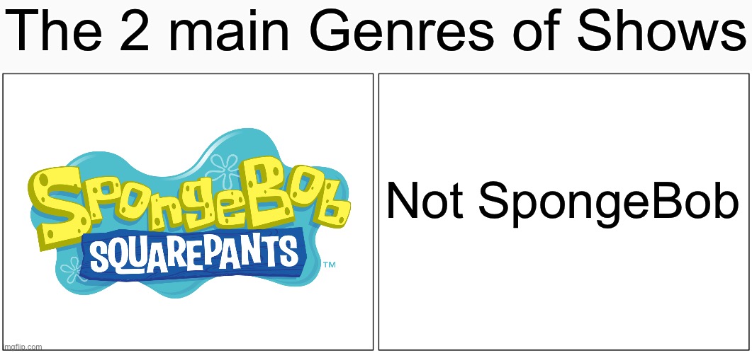Know your Genres | The 2 main Genres of Shows; Not SpongeBob | image tagged in memes,blank comic panel 2x1,not,spongebob | made w/ Imgflip meme maker