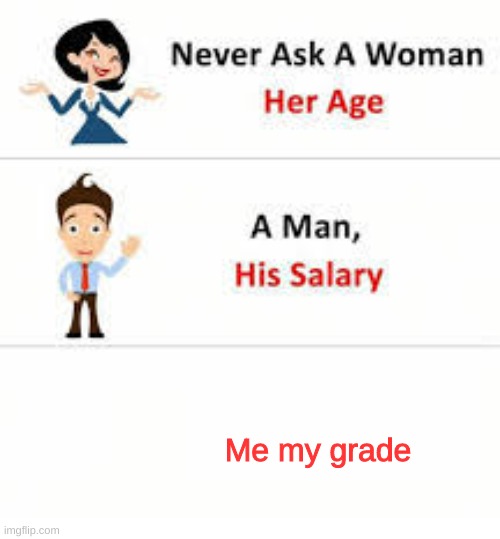 Never ask a woman her age | Me my grade | image tagged in never ask a woman her age | made w/ Imgflip meme maker