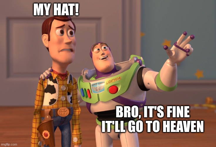 X, X Everywhere | MY HAT! BRO, IT'S FINE IT'LL GO TO HEAVEN | image tagged in memes,x x everywhere | made w/ Imgflip meme maker