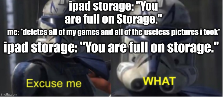 Excuse me what | ipad storage: "You are full on Storage."; me: *deletes all of my games and all of the useless pictures i took*; ipad storage: "You are full on storage." | image tagged in excuse me what | made w/ Imgflip meme maker