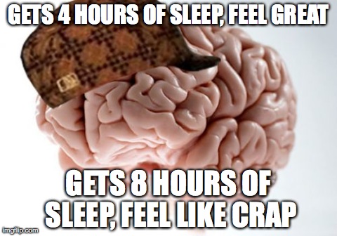 Scumbag Brain | GETS 4 HOURS OF SLEEP, FEEL GREAT GETS 8 HOURS OF SLEEP, FEEL LIKE CRAP | image tagged in memes,scumbag brain,AdviceAnimals | made w/ Imgflip meme maker
