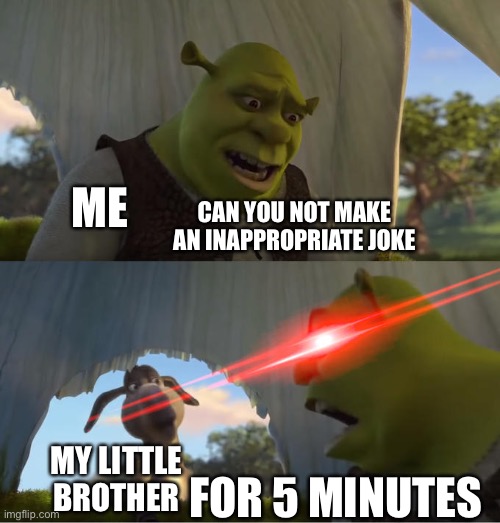 My Brothers make so many that its gotten so annoying | CAN YOU NOT MAKE AN INAPPROPRIATE JOKE; ME; MY LITTLE BROTHER; FOR 5 MINUTES | image tagged in shrek for five minutes | made w/ Imgflip meme maker