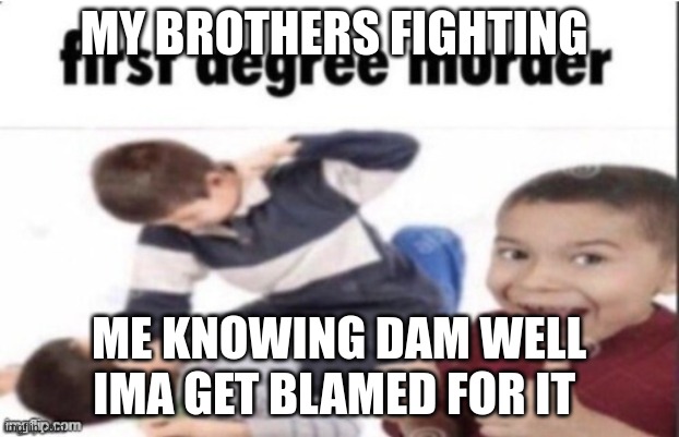 first degree murder | MY BROTHERS FIGHTING; ME KNOWING DAM WELL IMA GET BLAMED FOR IT | image tagged in first degree murder | made w/ Imgflip meme maker
