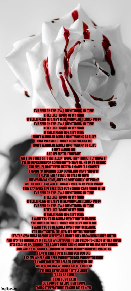 I'VE BEEN ON THE LOW, I BEEN TAKING MY TIME
I FEEL LIKE I'M OUT OF MY MIND
IT FEEL LIKE MY LIFE AIN'T MINE (WHO CAN RELATE? WOO)
I'VE BEEN ON THE LOW, I BEEN TAKING MY TIME
I FEEL LIKE I'M OUT OF MY MIND
IT FEEL LIKE MY LIFE AIN'T MINE
I DON'T WANNA BE ALIVE, I DON'T WANNA BE ALIVE
I JUST WANNA DIE TODAY, I JUST WANNA DIE
I DON'T WANNA BE ALIVE, I DON'T WANNA BE ALIVE
I JUST WANNA DIE
AND LET ME TELL YOU WHY
ALL THIS OTHER SHIT I'M TALKIN' 'BOUT, THEY THINK THEY KNOW IT
I'VE BEEN PRAYING FOR SOMEBODY TO SAVE ME, NO ONE'S HEROIC
AND MY LIFE DON'T EVEN MATTER, I KNOW IT, I KNOW IT
I KNOW I'M HURTING DEEP DOWN, BUT CAN'T SHOW IT
I NEVER HAD A PLACE TO CALL MY OWN
I NEVER HAD A HOME, AIN'T NOBODY CALLIN' MY PHONE
WHERE YOU BEEN? WHERE YOU AT? WHAT'S ON YOUR MIND?
THEY SAY EVERY LIFE PRECIOUS BUT NOBODY CARE ABOUT MINE
I'VE BEEN ON THE LOW, I BEEN TAKING MY TIME
I FEEL LIKE I'M OUT OF MY MIND
IT FEEL LIKE MY LIFE AIN'T MINE (WHO CAN RELATE? WOO)
I'VE BEEN ON THE LOW, I BEEN TAKING MY TIME
I FEEL LIKE I'M OUT OF MY MIND
IT FEEL LIKE MY LIFE AIN'T MINE
I WANT YOU TO BE ALIVE, I WANT YOU TO BE ALIVE
YOU DON'T GOTTA DIE TODAY, YOU DON'T GOTTA DIE
I WANT YOU TO BE ALIVE, I WANT YOU TO BE ALIVE
YOU DON'T GOTTA DIE, NOW LET ME TELL YOU WHY
IT'S THE VERY FIRST BREATH WHEN YOUR HEAD'S BEEN DROWNING UNDER WATER
AND IT'S THE LIGHTNESS IN THE AIR WHEN YOU'RE THERE CHEST-TO-CHEST WITH A LOVER
IT'S HOLDING ON, THOUGH THE ROAD'S LONG, SEEING LIGHT IN THE DARKEST THINGS
AND WHEN YOU STARE AT YOUR REFLECTION, FINALLY KNOWING WHO IT IS
I KNOW THAT YOU'LL THANK GOD YOU DID
I KNOW WHERE YOU BEEN, WHERE YOU ARE, WHERE YOU GOIN'
I KNOW YOU'RE THE REASON I BELIEVE IN LIFE
WHAT'S THE DAY WITHOUT A LITTLE NIGHT?
I'M JUST TRYNA SHED A LITTLE LIGHT
IT CAN BE HARD
IT CAN BE SO HARD
BUT YOU GOTTA LIVE RIGHT NOW
YOU GOT EVERYTHING TO GIVE RIGHT NOW | made w/ Imgflip meme maker
