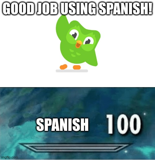 GOOD JOB USING SPANISH! SPANISH | image tagged in doulingo,skyrim 100 blank | made w/ Imgflip meme maker