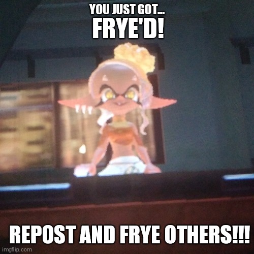 get frye'd | FRYE'D! YOU JUST GOT... REPOST AND FRYE OTHERS!!! | image tagged in splatoon | made w/ Imgflip meme maker
