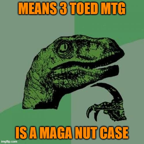 Philosoraptor Meme | MEANS 3 TOED MTG IS A MAGA NUT CASE | image tagged in memes,philosoraptor | made w/ Imgflip meme maker