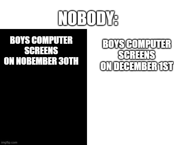 Simple but true (if ur a boy) | NOBODY:; BOYS COMPUTER SCREENS ON DECEMBER 1ST; BOYS COMPUTER SCREENS ON NOBEMBER 30TH | image tagged in no white and black issues if there were no white black issues,me and the boys,computer,screen,no nut november,memes | made w/ Imgflip meme maker