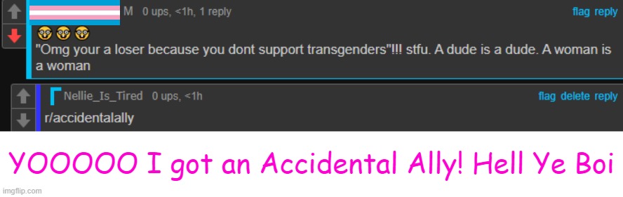 My first Accidental Ally Post! | YOOOOO I got an Accidental Ally! Hell Ye Boi | image tagged in accidental ally,lgbtq,transgender | made w/ Imgflip meme maker